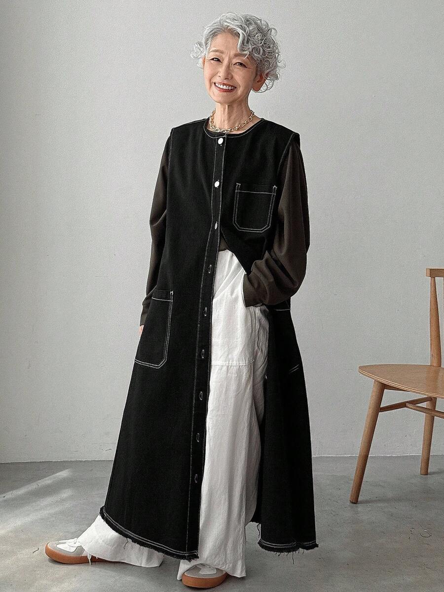 Chaqueta de mezclilla de longitud media con cuello redondo, botones delanteros y sin mangas, de moda para mujer - Negro - Ver 1