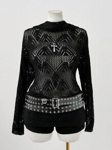 Sweetra Nuevo suéter versátil de cuello alto, hueco, punk, retro de manga larga - Negro - Ver 5