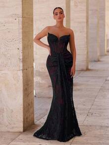 Glamrae Váy đuôi cá xếp nếp hở lưng gợi cảm, sang trọng, ren co giãn, thanh lịch, thích hợp cho đám cưới, tiệc tùng, kỳ nghỉ, dạ tiệc, những dịp trang trọng (Độ bền cao) - Màu Đỏ Sâu - Xem 1