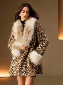 Anewsta 女士豹纹蓬松毛绒大衣，适合秋冬 - 棕色 - 查看 7
