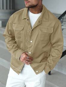 Manfinity Homme Men's Casual Fashion Contrast Stitch Flap Pocket Utility Jacket, Spring/Autumn - Khaki - View 5