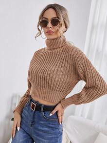 EURMUSE Turtleneck Drop Shoulder Crop Sweater - Dusty Pink - View 3