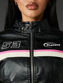 Missguided x Playboy Racing Moto Biker Jacket Y2K Fashion Faux Leather Streetwear Racing Zip Up Crop Bomber Retro 90s Style - Black - View 6