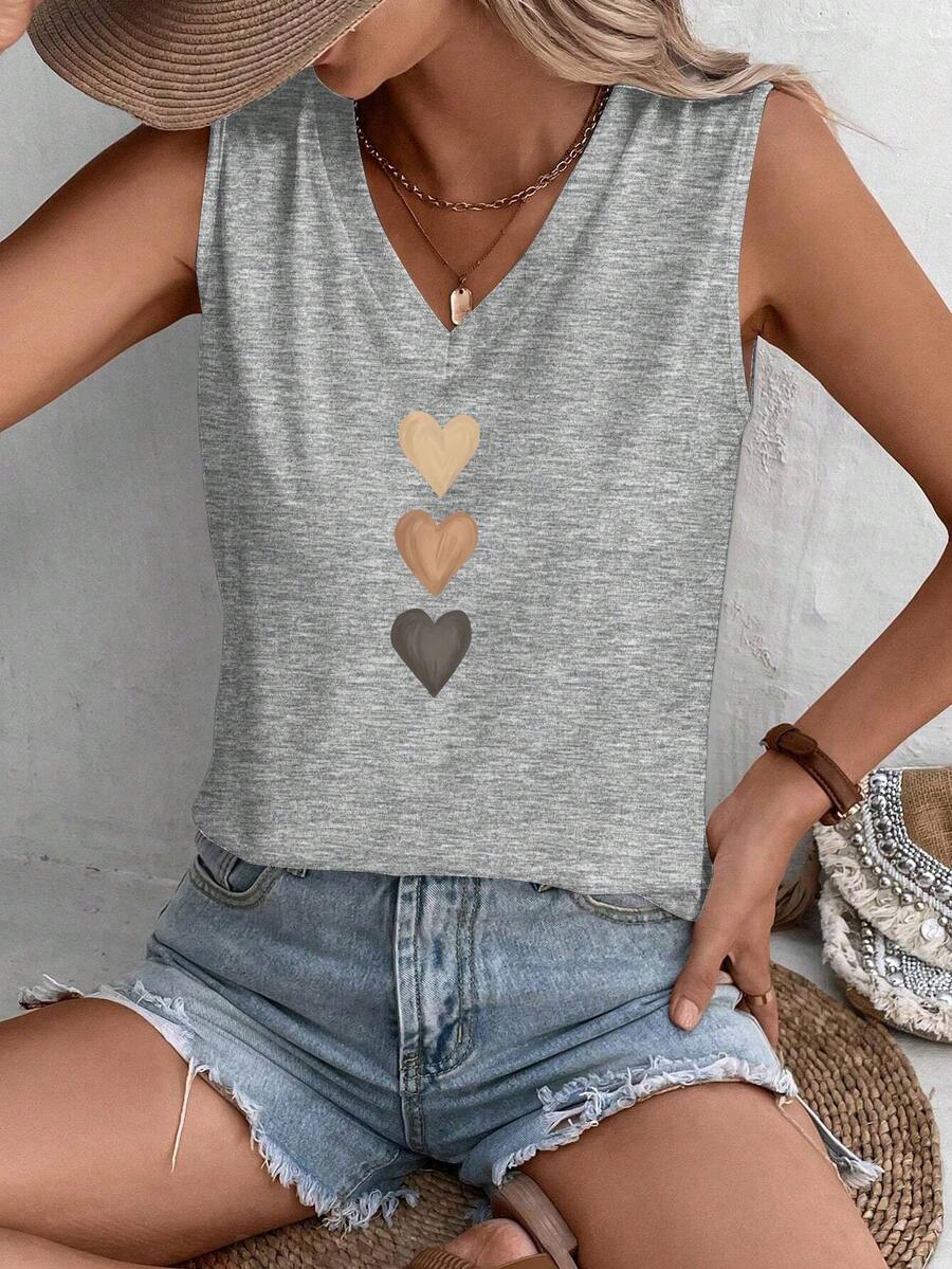 SHEIN LUNE Áo tank top không tay họa tiết trái tim tối giản, phong cách thường ngày dành cho nữ, thích hợp cho mùa hè và các dịp thường nhật. - Xám - Xem 1