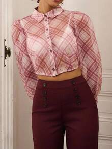 lacRébo 复古风透明格纹泡泡袖衬衫 返校节上衣 秋季女装 返校节上衣 外出上衣 秋冬