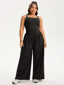 Rhythm Era Plus Size Women Adjustable Straps Loose Straight Leg Jumpsuit, Casual Sports Wear For Daily Plus Size Jumpsuit Black Jumpsuit For Women Wide Leg Jumpsuit Tummy Control Jumpsuit Plus Size Black Jumpsuit Plus Size Wide Leg Jumpsuit Plus Size Wide Leg Pants Jumpsuit - Black - View 4