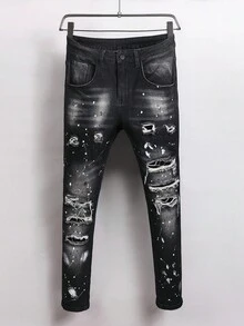 Manfinity LEGND 男士夏季时尚破洞黑色休闲牛仔裤