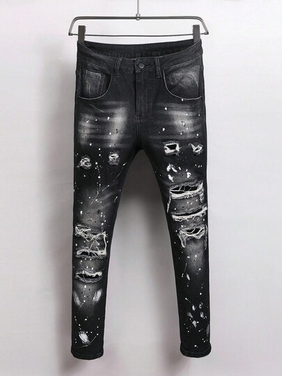 Manfinity Roughcore Calça jeans preta casual desgastada masculina para o verão