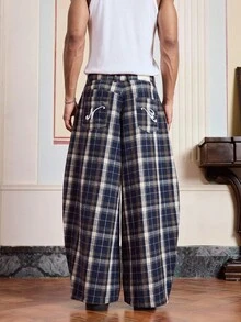 SWAVVY Men's Plaid Pocket Casual Loose Long Pants, Fall - Brown - View 1