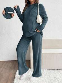 SHEIN 2 pièces Ensemble décontracté de maternité avec capuche à cordon et pantalon, ensemble de maternité automnal 2 pièces, ensemble en tricot 2 pièces, vêtements de grossesse, ensemble 2 pièces côtelé