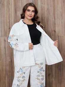 EMERY ROSE Plus Size Women's Summer Casual Embroidered Denim Jacket - White - View 8