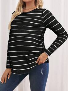 SHEIN Camiseta de maternidad con rayas, manga de mariposa con botones en la espalda y bajo curvo, otoño - Negro - Ver 4