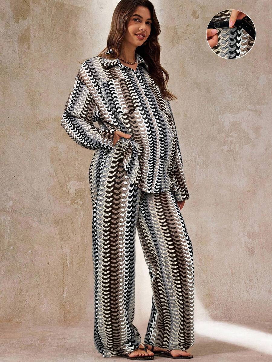 Boho Mama Casual Loose Long Sleeve Top And Pants Maternity Two Pieces Suits - Multicolor - View 1
