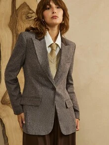 Revavyn 女士棉混纺纯色斜纹 V 领西装外套，长袖修身办公室/工作服，春秋季 - 棕色 - 查看 6