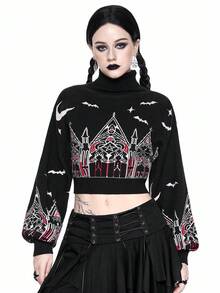 ROMWE Gothic Halloween Castle & Cross Pattern Women's Turtleneck Contrast Color Pullover Sweater - Black - View 5
