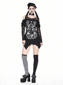 ROMWE Váy ngắn tay dài in hình đầu lâu mèo Gothic, viền bất đối xứng, dây trễ vai, ren tương phản, màu đen, phong cách Halloween - màu đen - Xem 1