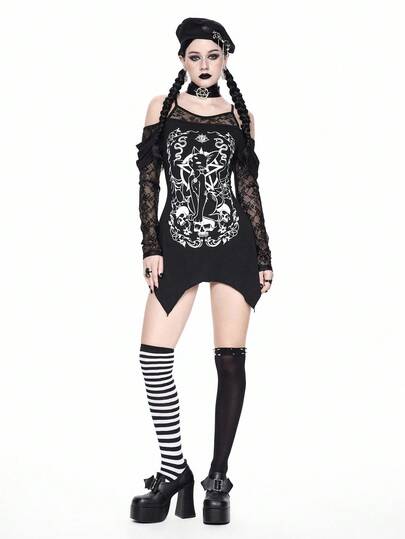 Goth Vestido mini de manga larga con estampado de calavera de gato gótico, hombros descubiertos, tirantes asimétricos y encaje en contraste, Halloween