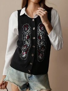 Florisole 女士波西米亚针织毛衣背心，秋冬 - 黑色 - 查看 5
