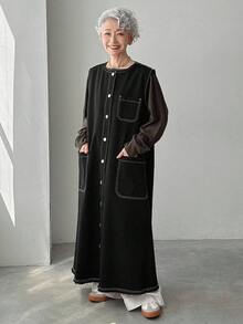 Chaqueta de mezclilla de longitud media con cuello redondo, botones delanteros y sin mangas, de moda para mujer - Negro - Ver 2