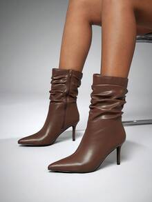 SHUZIA Women's Sexy Point Toe Stiletto Heel PU Mid-Calf Slouchy Boots - Chocolate Brown - View 2