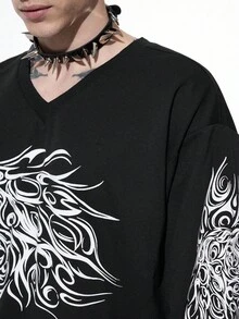 ROMWE MEN Goth 男士休闲撞色印花长袖T恤，秋季，适合秋季，2000年代风格 - 黑色 - 查看 2