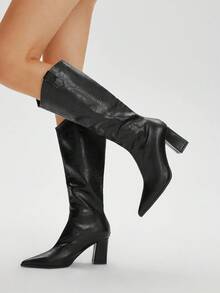 Styleloop 女式方头粗跟西部靴，适合音乐节、万圣节、圣诞节服装 - 黑色 - 查看 2