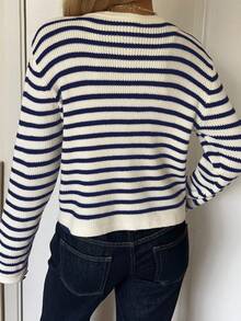 SHEIN EZwear Women's Casual Everyday Commute Versatile Colorblock Striped Pattern Metal Button Cardigan, Autumn Striped Cardigan Crop Cardigan Women,Fall