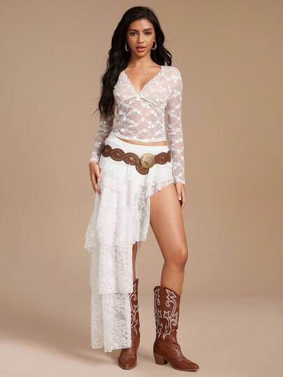 Glamine Women's Floral Lace V-Neck Long Sleeve Fitted Fashion T-Shirt Fall Cloth For Women