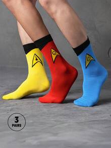 STAR TREK X SHEIN 3 双男士柔软透气吸湿排汗休闲中筒袜时尚简约基本款红蓝黄中筒袜加固脚趾和脚跟，经久耐用男女通用四季百搭夏季冬季 - 彩色 - 查看 2