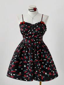 Sunspun 加大码 Sweetro-D 两件套可爱服装套装，可爱浪漫校园风格度假时尚樱桃印花 V 领褶皱 A 字连衣裙，搭配时尚荷叶边领长袖夹克，适合日常外出、返校季、居家约会度假