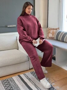 EURMUSE Plus Size Women Casual Solid Color High Neck Dropped Shoulder Loose Pullover Sweater And Sweater Pants Set, Autumn/Winter Two Piece Set Women Comfy - Burgundy - View 4