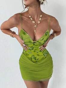 Aloruh Đầm hai dây cổ khoét sâu phối lưới lấp lánh gợi cảm mới, kèm quần short, váy ngắn chống nhấp nháy - màu xanh lá - Xem 5