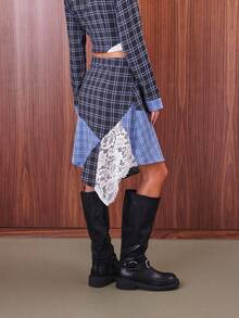 COUREZ Asymmetric Midi Skirt WIth Patchwork Lace And Check /Y2K Going Out Outfits  Women Clothes  Clothes Cute Spring Clothes For Women Lace Skirt - Multicolor - View 7