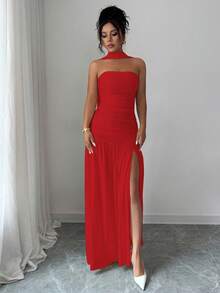 Elenzga Red Summer Elegant Party Fashionable Glossy Fabric Strapless Long Flowy Ruched Waist Slit Hem Dress For Weddings,Graduation Parties,Dates,Vacations - Red - View 3