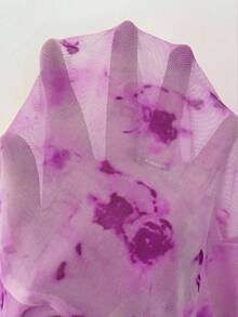 Elenzga 全新花卉印花网眼透明喇叭袖蝴蝶结前部休闲优雅女式 T 恤 - 紫色 - 查看 7