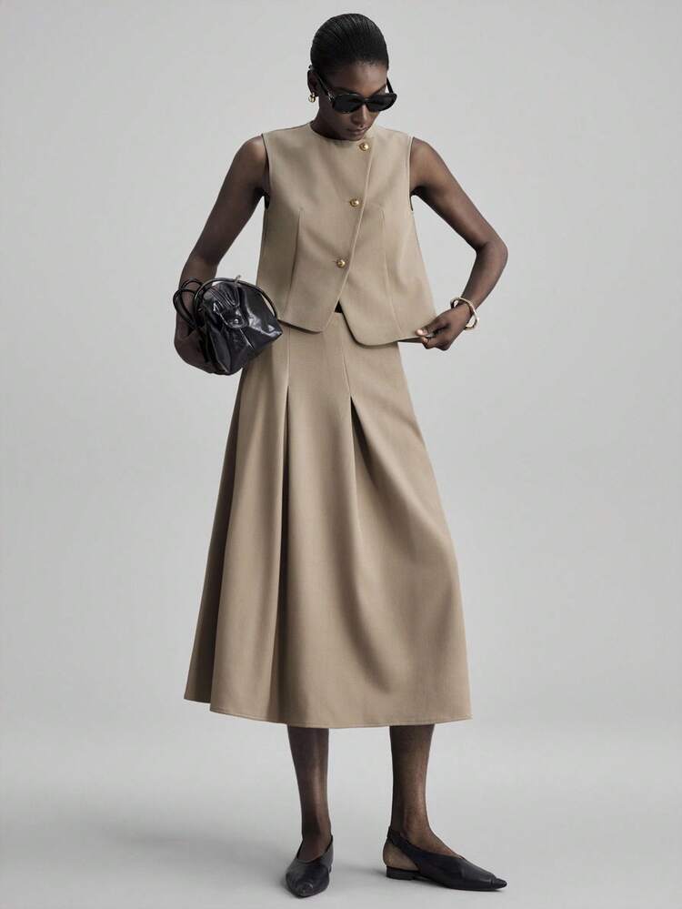 Ontre 2026SS New Khaki Asymmetrical Cut Oblique Placket Metal Button Design Women's Suit Vest & Skirt Set, Elegant For Party And Urban Commute - Khaki - View 5