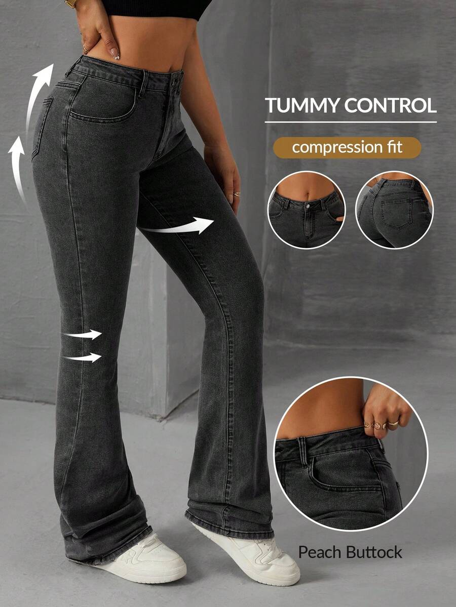 SHEIN Tall Damer Casual Mid-Wist Pocket Denim Skinny Flared Jeans - Grå - Visa 1