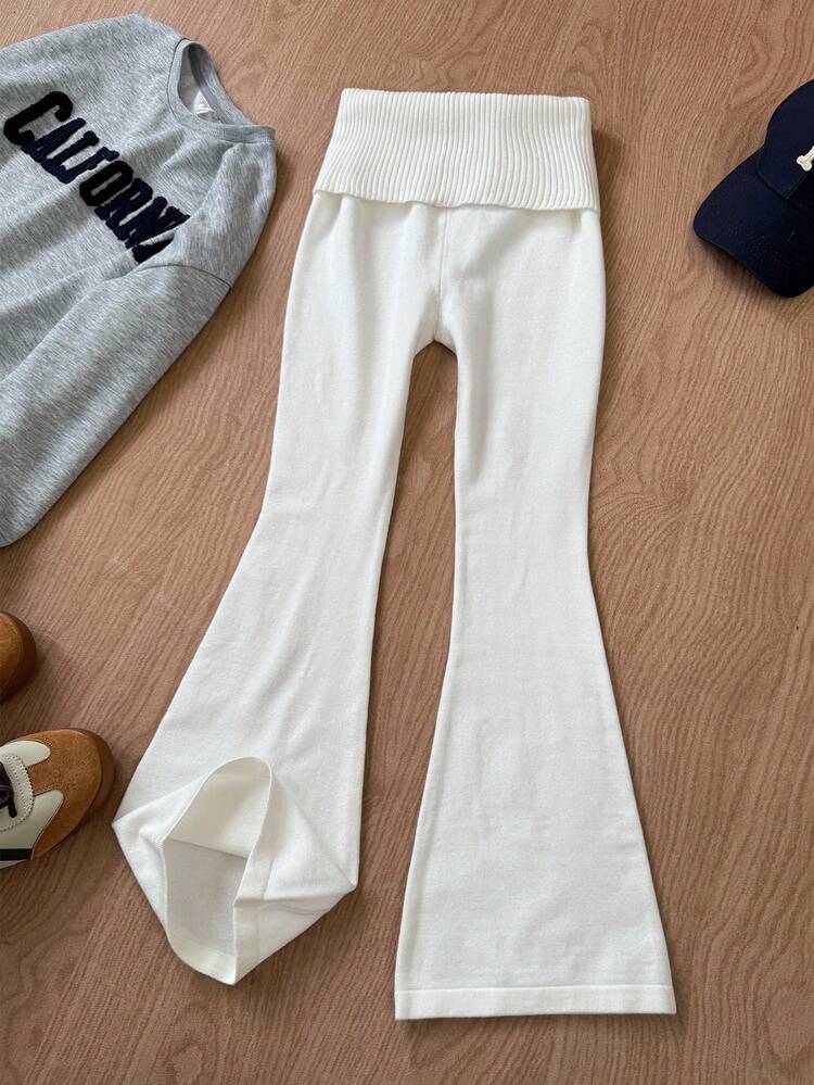 SHEIN Serisse Kids Dziewczęce, proste, jednokolorowe, obcisłe, dzianinowe spodnie sweterkowe z wysokim stanem i rozkloszowanymi nogawkami, odpowiednie do noszenia w domu i na zewnątrz, na co dzień, dzwony, pasujące do mamy i mnie na jesień i zimę - Biały - Zobacz 3