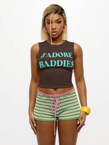 SUMWON WOMEN Jersey Trägershirt mit französischem Zitat-Muster, lässiges, ärmelloses, kurzes Oberteil für Sommerfestivals, Strandpartys, Streetstyle, Y2K Mode Statement