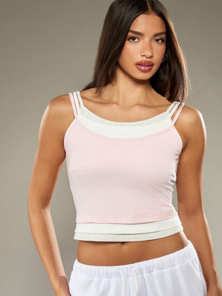 MISSGUIDED Canotta casual a tre strati con bordi a contrasto, top estivo senza maniche in cotone, rosa e bianco, corto