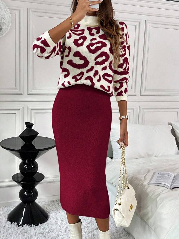 EMERY ROSE 2pcs Christmas & New Year Leopard Print High Neck Solid Color Fitted Knit Sweater & Skirt Set, Elegant & Comfortable For Women, Autumn/Winter