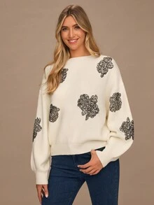 Enchnt Women's White Floral Sequin Drop Shoulder Long Sleeve Loose Casual Sweater,Elegant Autumn Clothes For Brunch, Sweet&Fashionable Party Top - Beige - View 4