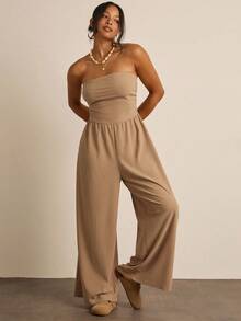 SHEIN VCAY 夏季大码纯色休闲连体裤 - 卡其色 - 查看 5