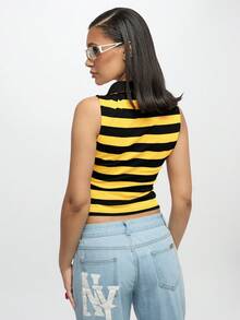 SUMWON WOMEN 无袖橄榄球风格条纹背心针织领夏季学院风经典时尚休闲装学院风 Y2K 复古 Polo 衫背心 - 黑色 - 查看 2