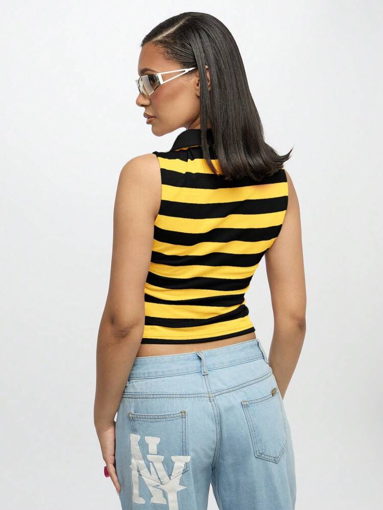 SUMWON WOMEN Sleeveless Rugby Stripe Vest Top With Collar