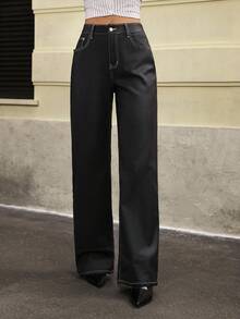 Jeanoix 女士时尚休闲街头十字绣Y2K PU裤 - 黑色 - 查看 7