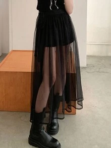 DAZY Falda transparente de unicolor con malla y efecto vaporoso para mujer - Negro - Ver 3