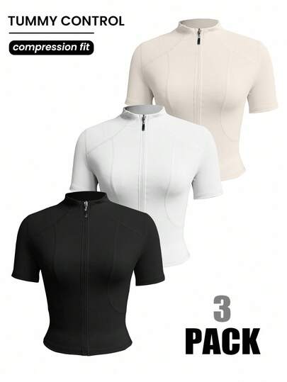 Easithlete 3pcs Women's Fitted Mock Neck Short Sleeve Jacket, Sexy For Running, Fitness, Outdoor Activities 3 Packs Tops