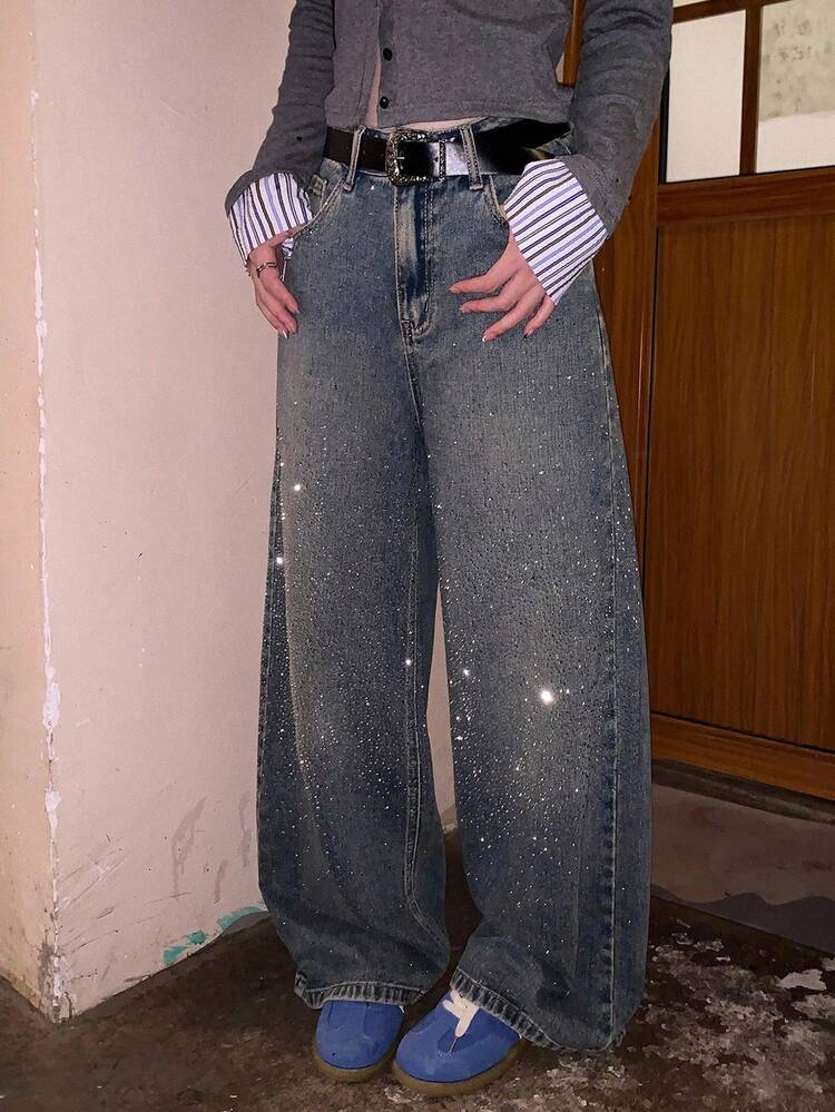 Women's Rhinestone Embellished Casual Mid-Length Baggy Jeans