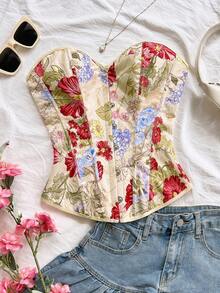 Soleia 复古牛仔印花系带抹胸短款上衣，适合度假、派对、约会、情人节、复活节、狂欢节、下午茶、海滩、邮轮、城市度假、秋冬分层搭配、一字肩上衣、一字肩毛衣、基本款上衣、外套、教师装、返校装、女士冬装、女士秋装、生日、街头服饰、女士约会之夜、女士办公室装、万圣节、音乐节服装、秋冬上衣 - 彩色 - 查看 5